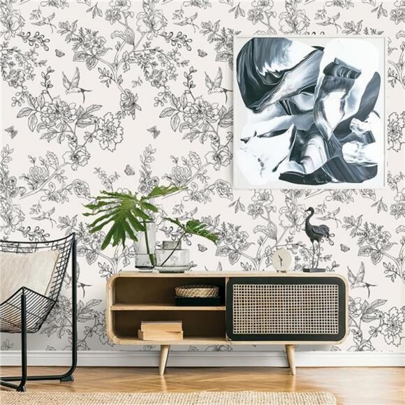 17.7x118.1" Black and Cream White Floral Peel and Stick Floral Contact Wallpaper - Picture 2 of 6